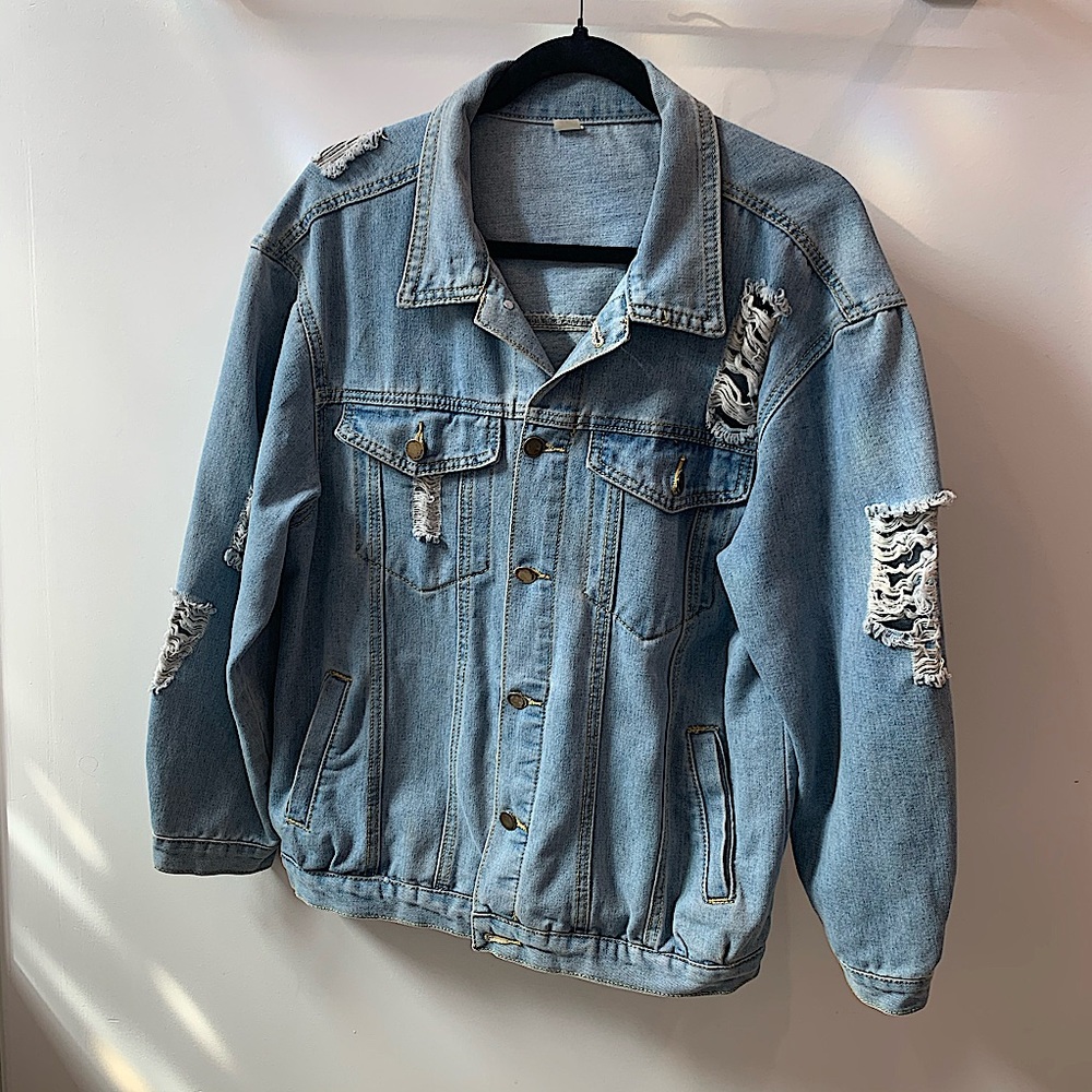 Womens Light Blue Ripped Denim Jacket